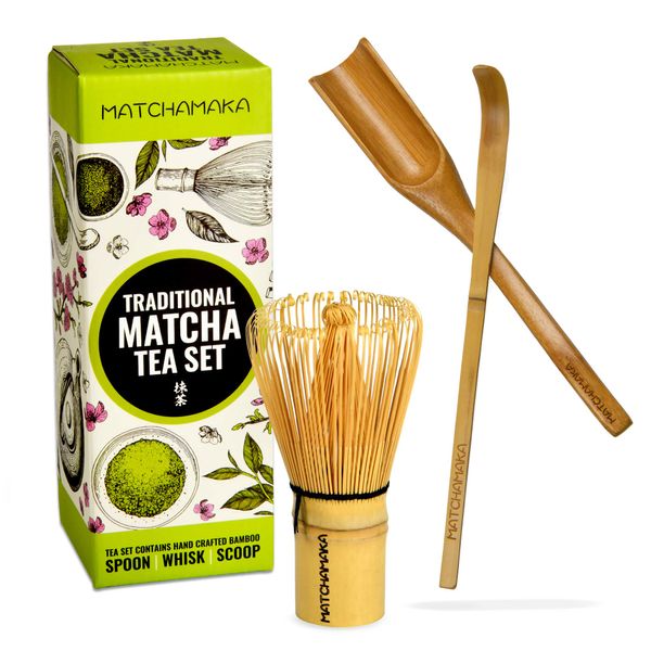 MATCHAMAKA Matcha Whisk Tea Set - Japanese Matcha Whisk (Chasen), Traditional Scoop (Chashaku), Tea Spoon - The Perfect Matcha Green Tea Ceremony Set - Traditional Matcha KIT