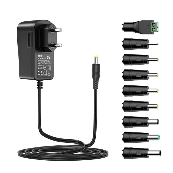 12V 1A Netzteil, Zolt Universal AC DC Netzteil Power Adapter mit 9 DC Steckern für 12V 0.3A 0.5A 0.8A Elektronik wie LED Streifen Licht CCTV Kamera Router Lautsprecher, 1000mA Max.