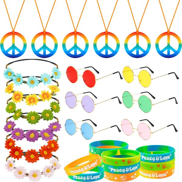 BANBALLON 30 PCS Hippie Party Favors Retro Round Sunglasses Daisy Flower Headbands Peace Sign Necklaces Silicone Bracelets For 60s 70s Party Decorations Hippie Party Supplies