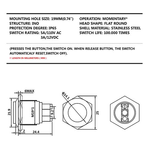 (Pack of 2) 19mm High Round Cap Waterproof Momentary Stainless Steel Metal Push Button Switch High Flush Screw Terminals 250V 5A 1NO SPST for Auto Car Horn Engine Start Doorbell Power Switch