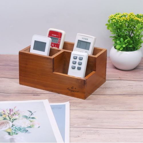 Coideal Wooden Remote Control Holder - 3 Compartments TV Remote Caddy Desk Tidy Organiser, Wood Desktop Storage for Bedside Table