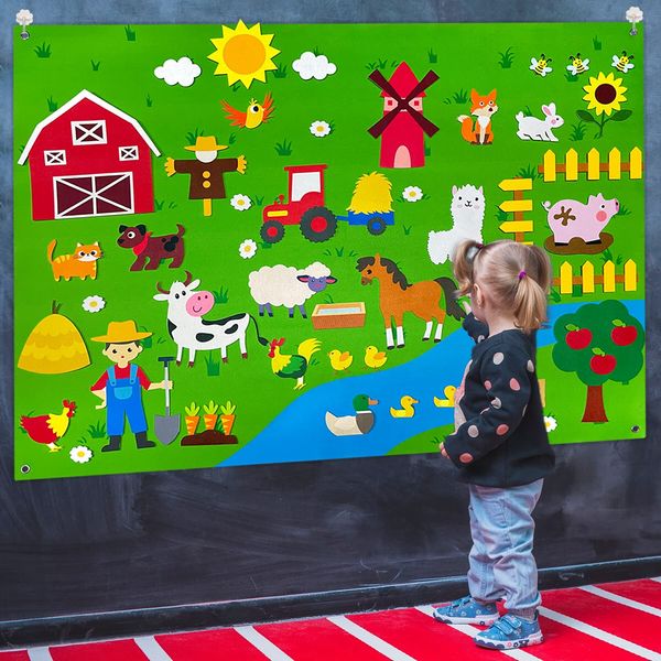 OKGIUGN 61 Pcs Farm Animals Story Felt Board, 3.6 Ft Farmhouse Themed Play Mat Wall Hanging Kit Toys, Birthday Gift for Toddlers Childrens