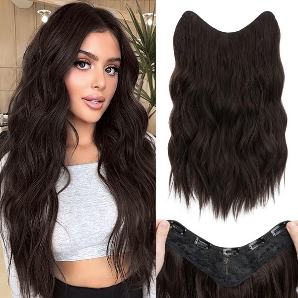 S-noilite One Piece Clip in Hair Extensions 18 Inch U-Shaped Dark Brown Hair Extensions Weft with 5 Clips 3/4 Full Head Long Wavy Synthetic Curly One Piece Thick Hairpieces for Women,#6/8