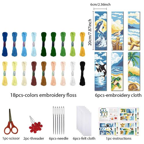 FREEBLOSS 6 Set Cross Stitch Bookmark Kits for Beginner Ocean Theme Stamped Cross Stitch Kit DIY Embroidery Bookmark Kit with Instructions 8'' x 2.4''
