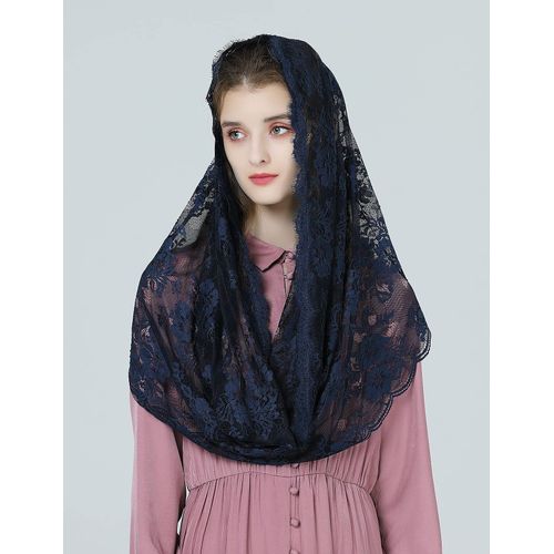 BEAUTELICATE Infinity Mantilla Veil Catholic Church Latin Mass Holy Communion Religious Ceremony Head Cover Formal Lace Scarf (Infinity Shape - Navy Blue)