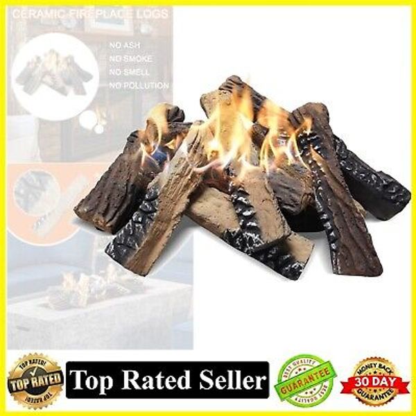 10Pc Gas Fireplace Logs Heat Resistant Realistic Ceramic Wood Log Fire Pit Decor