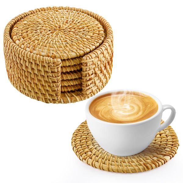 6pcs Handmade Rattan Coasters with Holder, Natural Wicker Boho Coasters Set, Heat-resistant Drink Coasters for Coffee Table Housewarming Gifts Hot Drinking Home Decor Protecting Table