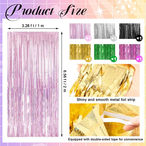 Tingjoo 6 Pack 3.28 x 6.56 ft Witch Party Decoration Backdrop Streamers Foil Fringe Curtains Pink Green Metallic Tinsel Curtains for Witch Party Supplies