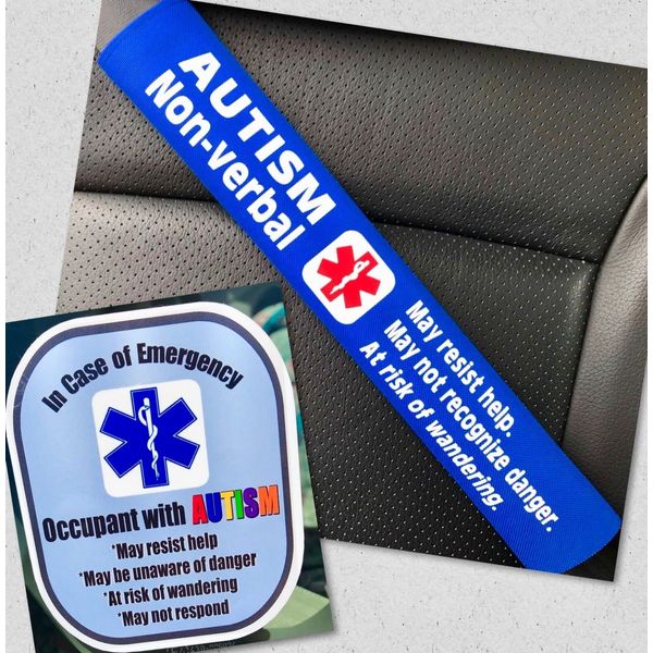 Autism Non-verbal Seat Belt Cover and Window Decal Set Royal Blue