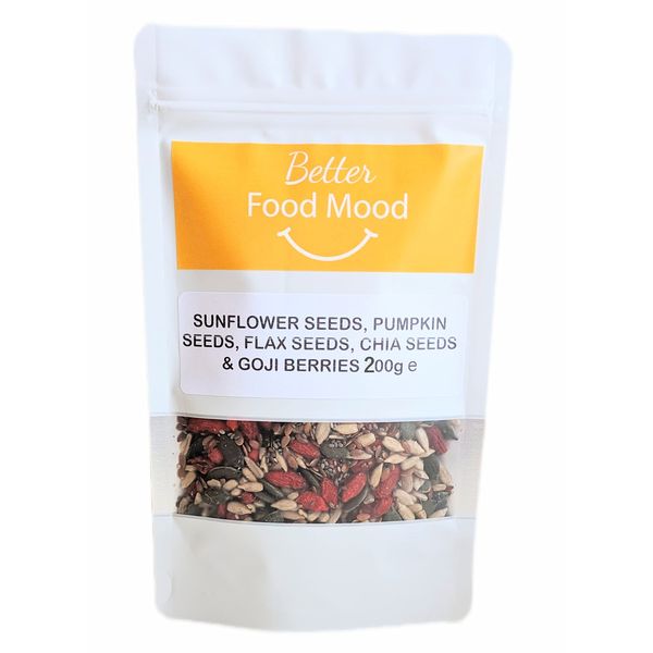 Better Food Mood Flaxseed, Sunflower, Pumpkin, Chia Seeds & Goji Berries Mix 200g | Unsalted Unroasted Sunflower and Pumpkin Seeds for Eating