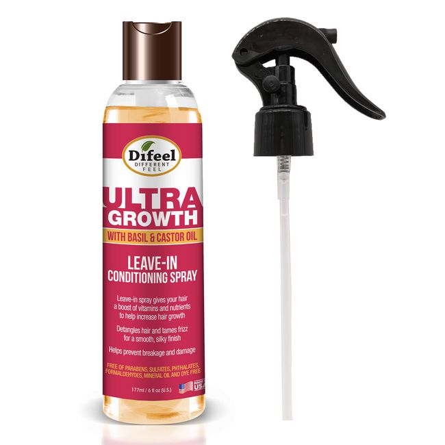 Difeel Ultra Growth Basil & Castor Hair Oil Leave in Conditioning Treatment 6 oz. with Spray Cap & Dispensing Cap