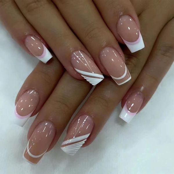 24pcs French False Nails White Tip Stick on Nails Nude Press on Nails Removable Glue-on Nails Fake Nails Nail Art Accessories