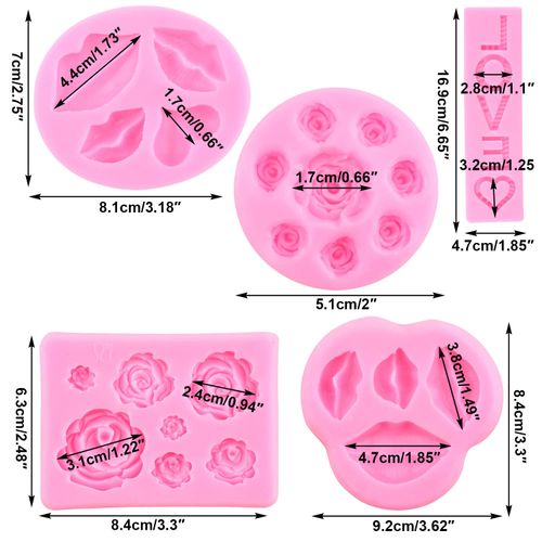 Mujiang Valentine's Day Silicone Molds Lips Heart Rose Flower Love Letter Fondant Molds For Wedding Party Supplies Cake Decorating Cupcake Topper Candy Chocolate Gum Paste Polymer Clay Set Of 5