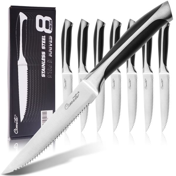 ciwete Serrated Steak Knives Set of 8, 4" Upgrade 3RC13 Stainless Steel Steak Knife Set, 8-Piece Sharp, Non-Stick & Rust-Resistant Dinner Knives, Black