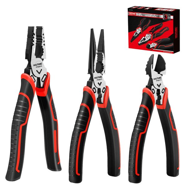 HAUTMEC 3PCS High Leverage Plier Set Multi Pliers Tool Set with 8" (20.32 CM) Needle Nose Pliers,8" (20.32 CM) Linesman Pliers and 6" (15.24 CM) Diagonal Cutting Pliers HT0270