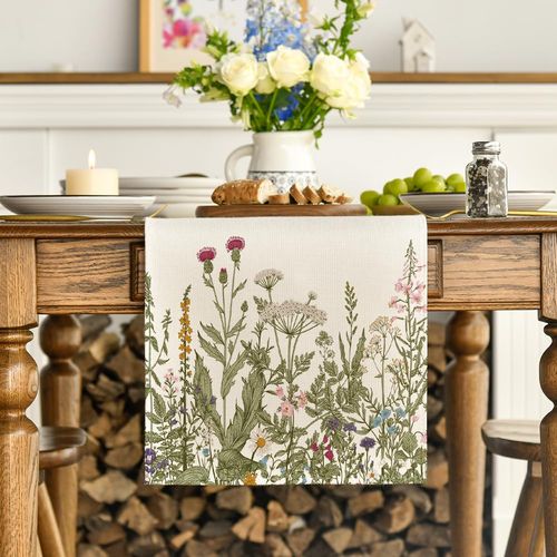Artoid Mode Antique Herbs and Wild Flowers Spring Table Runner, Seasonal Kitchen Dining Table Decoration for Home Party Decor 40x180 cm
