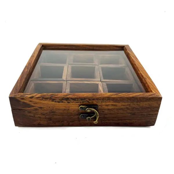 Wooden Spice Rack Organizer Storage Box with Lid, 9 Small Compartments Masala Dabba and Slide Off Glass Style