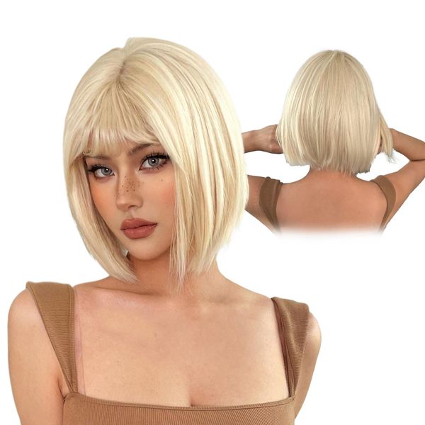 Ninnyi Blonde Bob Wig for Women, Short Blonde Wig with Bangs for Daily Party Halloween Christmas Party (Blonde)