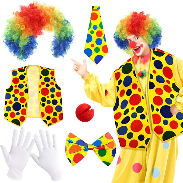 Clown Costume Kit 5Pcs, Clown Dress Up Rainbow Clown Wig Clown Outfits Clown Bow Tie Clown Nose White Gloves for Halloween Party Clown Dress Up Carnival Cosplay Pretend Play Circus Party Props