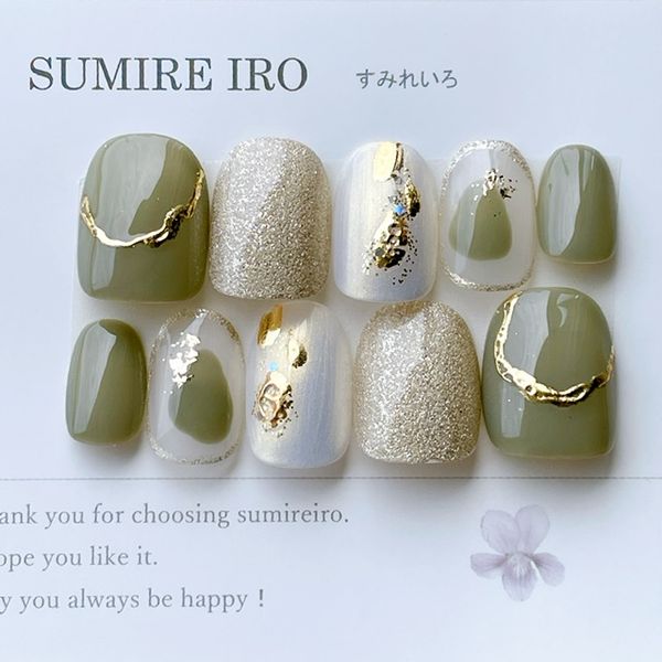 Nail tip false nails bridal nails cute short long design summer nails nail present short nails small nails large nails berry short chibi nails adult nails false nails office nails simple [1853] moss green antique gold