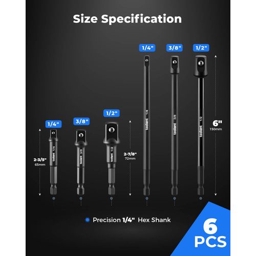 toolant Impact Grade Socket Adapter Set, 6 pcs, 1/4", 3/8", 1/2" Drive, with 2-3/5", 2-7/8", 6" Extension Bars, Hex Shank Drill Bit Adapter for Power Drill & Impact Driver