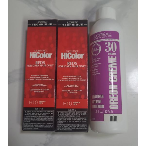 L'Oreal Excellence HiColor H10 CopperRed (2 Pack) & 8oz 30 Vol Oreor Creme