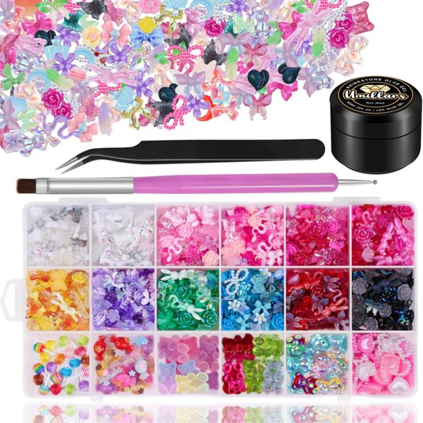 Umillars 3D Mix Assorted Resin Nail Charms with Hollow Pearl Heart Nail Art Charms Gems Gummy Bear Star Heart Lollipop Acrylic Beads with Nail Charm Glue and Pickup Tools(18 Grid Charms with Glue)