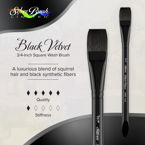 Silver Brush Limited 3008S3/4in Black Velvet Square Wash Watercolor Paint Brush, Size 3/4 Inch, Short Handle