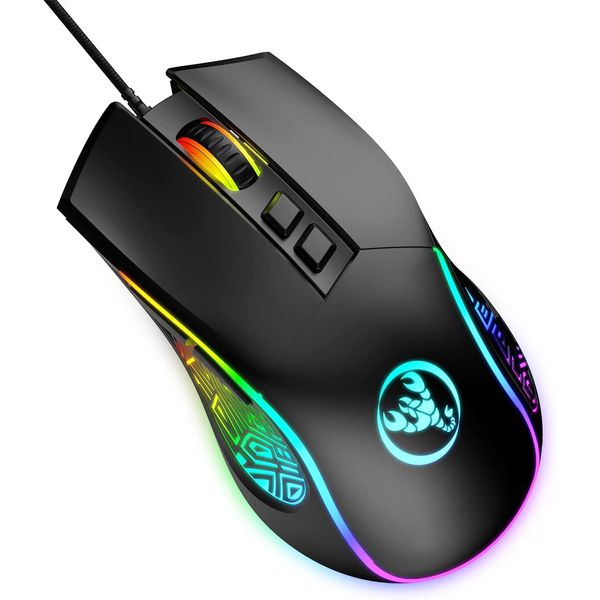 HXSJ X100 Gaming Mouse Wired,Ergonomic PC Gaming Mice with 7 Colors LED Backlit,7 Buttons,Gaming Optical Sensor,4 DPI Level Settings,Up to 3600 DPI,Lightweight,for PC,Laptop,Mac,PS4,XBOX - Black