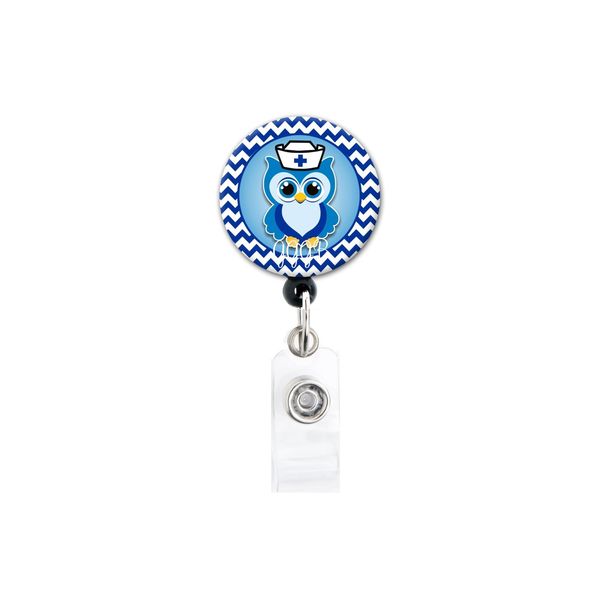 Retractable Badge Reel - Nurse Owl Blue - Badge Holder Swivel Clip