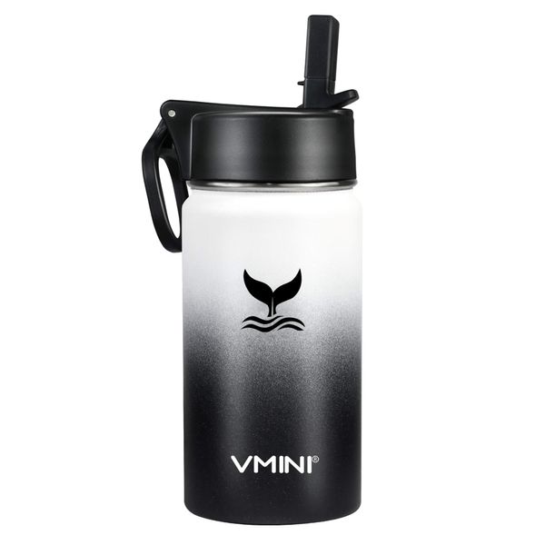 Vmini Kids Water Bottle - Insulated Water Bottle with Straw, Wide Mouth Stainless Steel & Vacuum, New Straw Lid with Wide Handle, Gradient White+Black & 12 oz