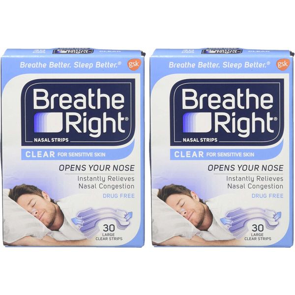 2 Pack Breathe Right Nasal Strips For Sensitive Skin 30 Large Clear Strips Ea