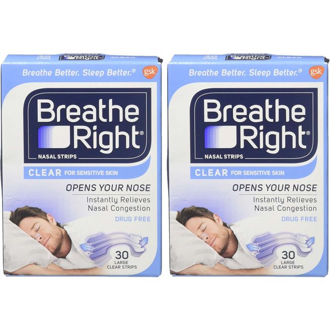 2 Pack Breathe Right Nasal Strips For Sensitive Skin 30 Large Clear Strips Ea