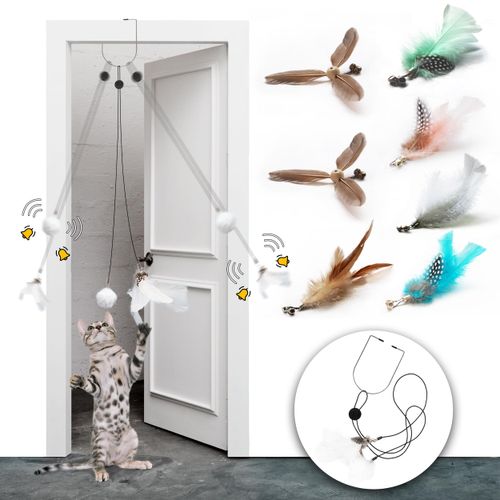 LEKEWPET Retractable Cat Feather Toys 7PCS Refills with Bell, Interactive Doorway Hanging Teaser Toys for Indoor Cats, Kitten Play Exercise Feather Teaser Toys