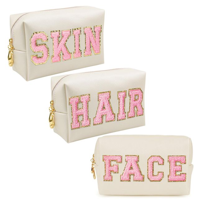Chenille Letter Clear Makeup Bags Skin Pouch, Preppy Patch Makeup
