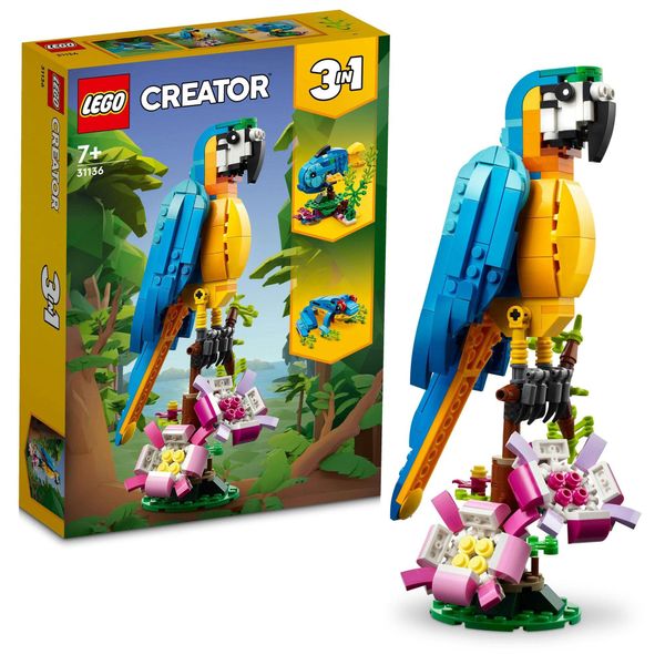 LEGO Creator 3-in-1 31136 Exotic Parrot, Toy Blocks, Animals, Gift, For Boys and Girls Ages 7 and Up