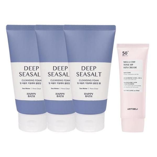 Happy Bath Perfect Deep Sea Salt Cleansing Foam 150g x3 + Art Deli Melacut Sunscreen 50ml