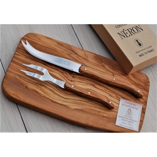 Laguole Olive Handle Cheese Knife and Fork Set Gift Box Made in France NERON