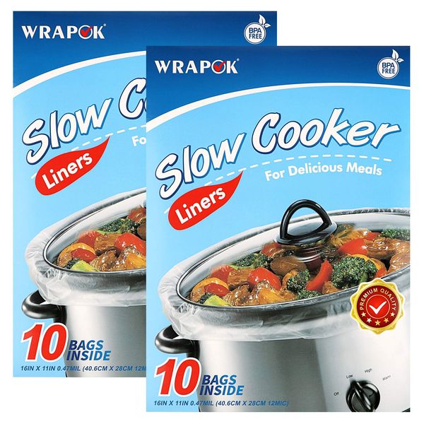 WRAPOK Small Slow Cooker Liners Kitchen Disposable Cooking Bags BPA Free for Oval or Round Pot, Size 11 x 16 Inch, Fits 1 to 3 Quarts - 2 Pack (20 Bags Total)