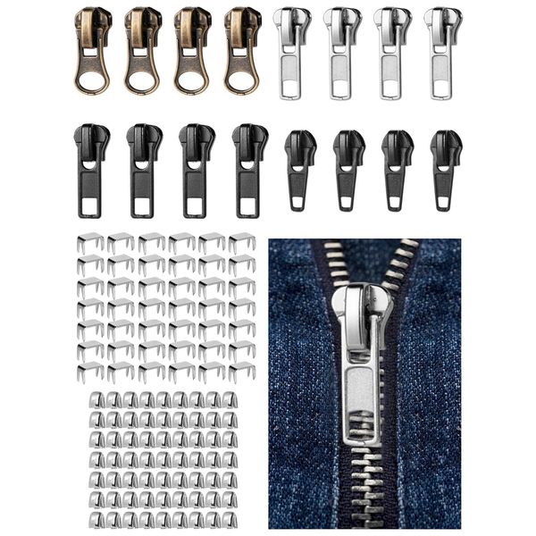 VEPEPE Zipper Repair Kit, 96 Pcs Metal Copper Zipper Pull Replacement Kit, 4 Sizes Fix Zip Puller with Top & Bottom Zipper Stoppers, Universal Zipper Pull Accessories for Repair Coats Jacket Jeans