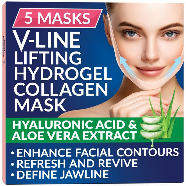 Stylia Double Chin Mask - V Line Chin Strap - Toning Hydrogel Collagen Face Mask with Hyaluronic Acid & Aloe Vera - 5PC