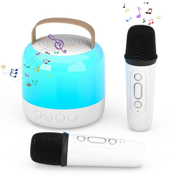 Chiliktoy Mini Karaoke Machine, Portable Bluetooth Karaoke Speaker with 2 Wireless Microphones and Party Lights for Kids and Adults, Birthday Gifts for Girls Boys Family Home Party (Beige)