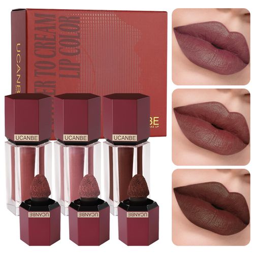 Powder-to-cream lip colour matte lipstick set, 3 pieces, highly pigmented velvet, smooth face make-up powder for lip, eye cheek, non-sticky long-lasting make-up lipstick kit