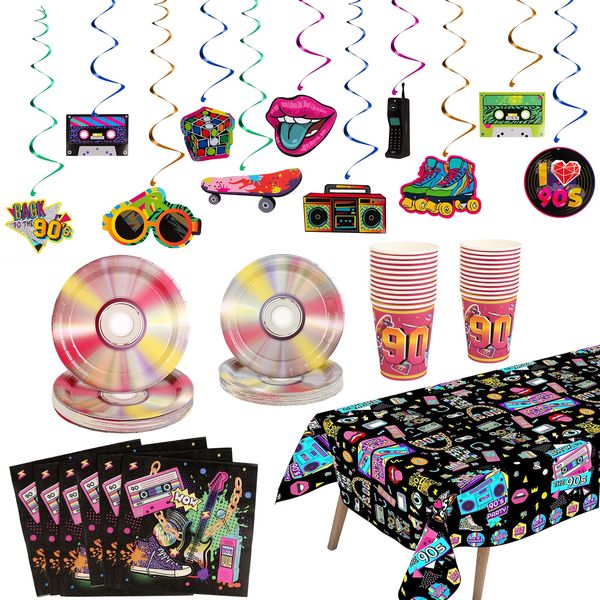 Aulpon 90s Party Decorations Serve 24,90s Theme Party Decorations Includes Paper Plates,Napkins,Cups,Tablecloth,Hanging Swirl for 90s Birthday Party Decorations