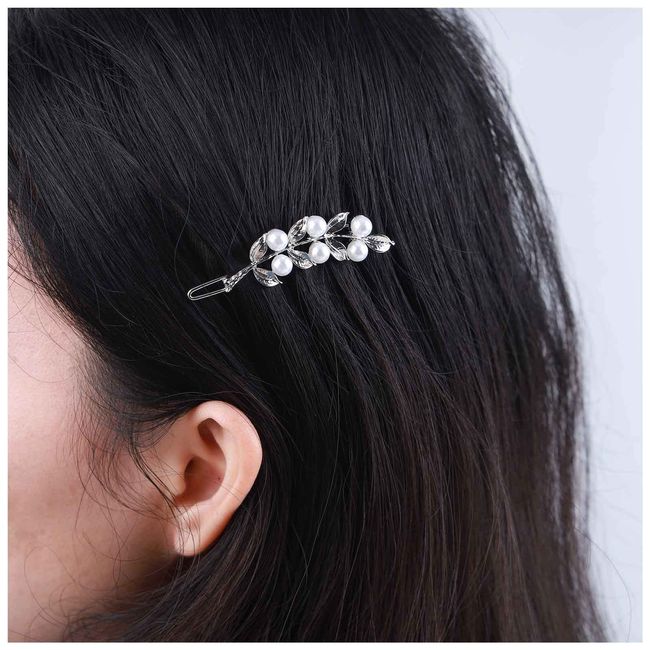 Allereya Vintage Pearl Leaf Hair Clip Barrette Olive Leaf Hair Pin Barrette Pearl Side Hair Clip Barrette Silver Pearl Head Clip Headwear Hair Accessories for Women and Girls (Silver)