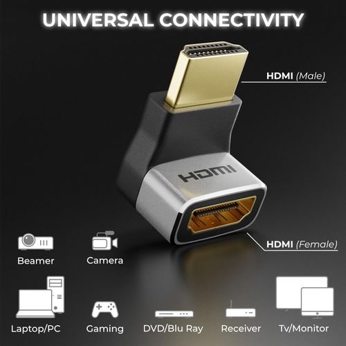 deleyCON HDMI Adapter Coupling Connector 270° Angle 8K @ 60Hz / 4K @ 120Hz UHD Aluminium HDMI 2.1 ARC HDR10+ Dolby Vision VRR ALLM 48Gbps 270° Angled Grey Black Pack of 2