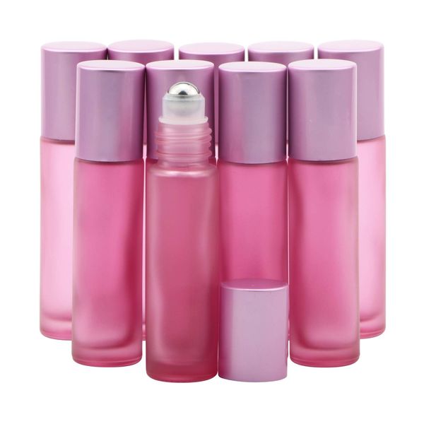 Rowiz 10PCS 10ml Pink Frosted Glass Bottle Leakproof Glass Bottle Essential Oil Roller Bottles Set With Stainless Steel Balls And Anodized Aluminum Screwcap For Perfume & Aromatherapy Oils