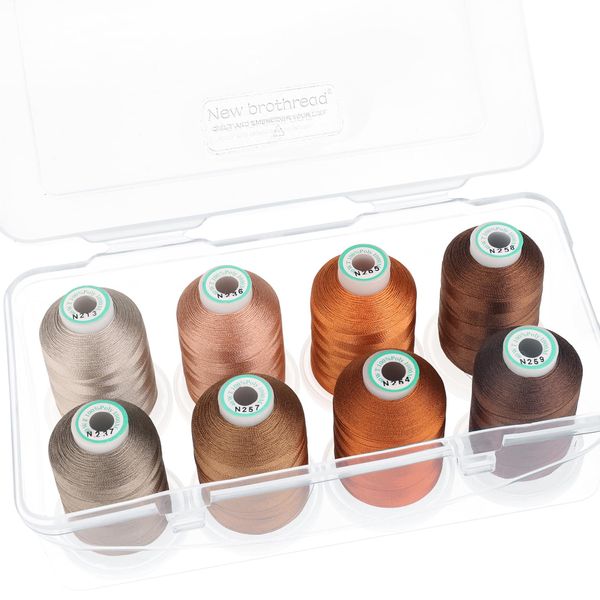 New brothread - 15 Options - 8 Snap Spools of 1000m Each Polyester Machine Embroidery Thread with Clear Plastic Storage Box for Embroidery & Quilting - Different Brown