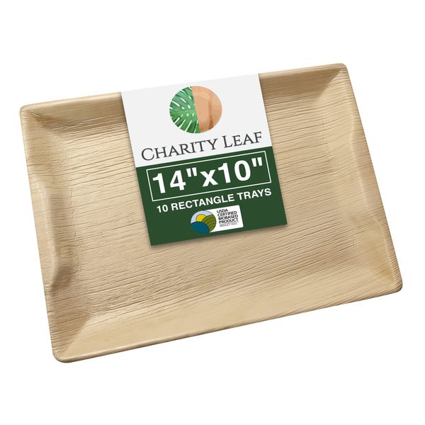 Charity Leaf Disposable Palm Leaf 14" x 10" Trays (10 Pieces) Bamboo Like Serving Platters, Disposable Boards, Eco-Friendly Dinnerware for Weddings, Catering, Events