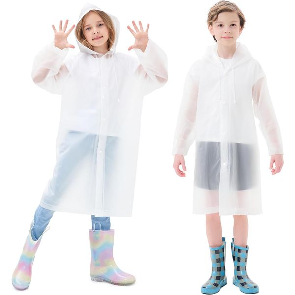 Yixker 2 Pack Kids Rain Poncho,Waterproof Reusable EVA Raincoat with Hood for Boys & Girls,Lightweight Children Rain Cape for School Outdoor Hiking Cycling Camping Travel (Standard, White)